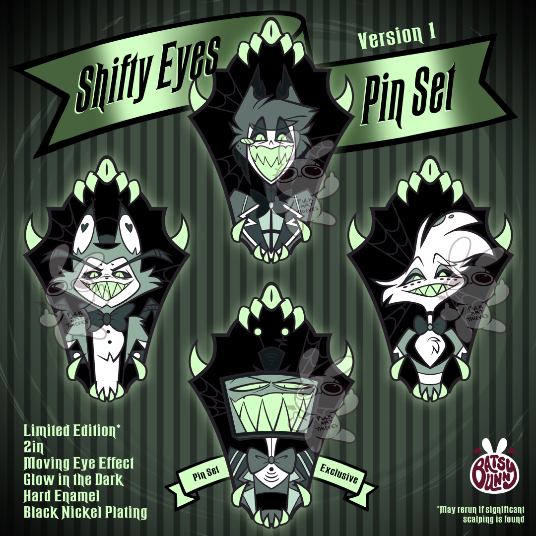 PRE-ORDER 2in Shifty Eyes VERSION 1 Halloween Hard Enamel Pin Set Hazbin Hotel Alastor Vox Angel Dust Husker