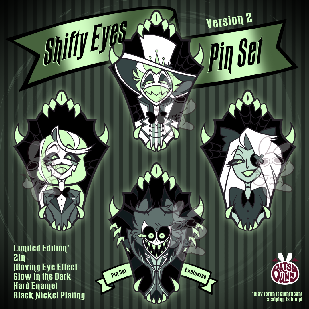 PRE-ORDER 2in Shifty Eyes VERSION 2 Halloween Hard Enamel Pin Set Hazbin Hotel Lucifer Charlie Morningstar Vaggie Demon Alastor